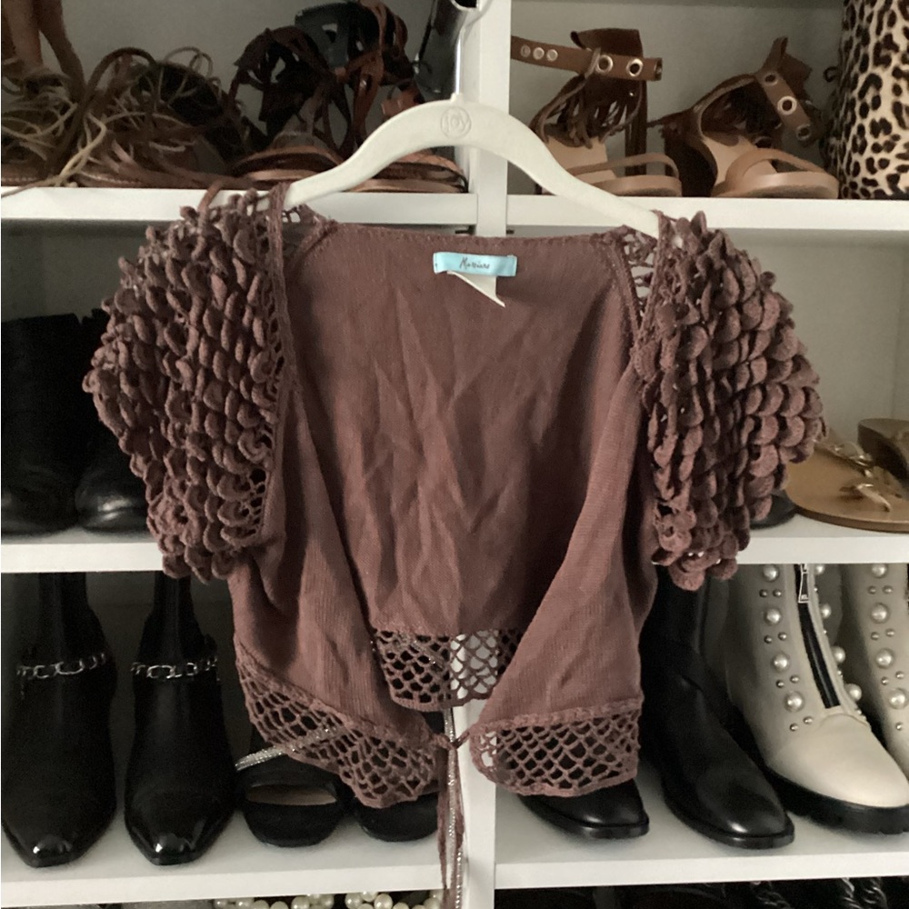 Brown Crocheted Short Sleeve Cardigan With Textured Sleeves